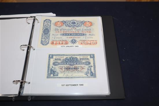 An album of Scottish and England Banknotes including, White £5 note 16th Jan 1943, North of Scotland Bank Ltd £20, 1st July 1943 etc